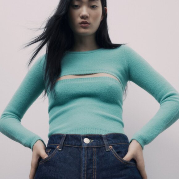 Knit Arm Warmer Sweater Turquoise Knit Sweater Top - Picture 1 of 4